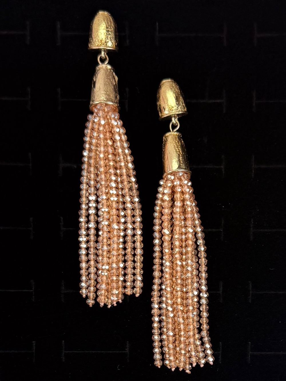 Elegant Goldtone and Cream Reflective Tassel Fringe Beaded Pierced Earrings